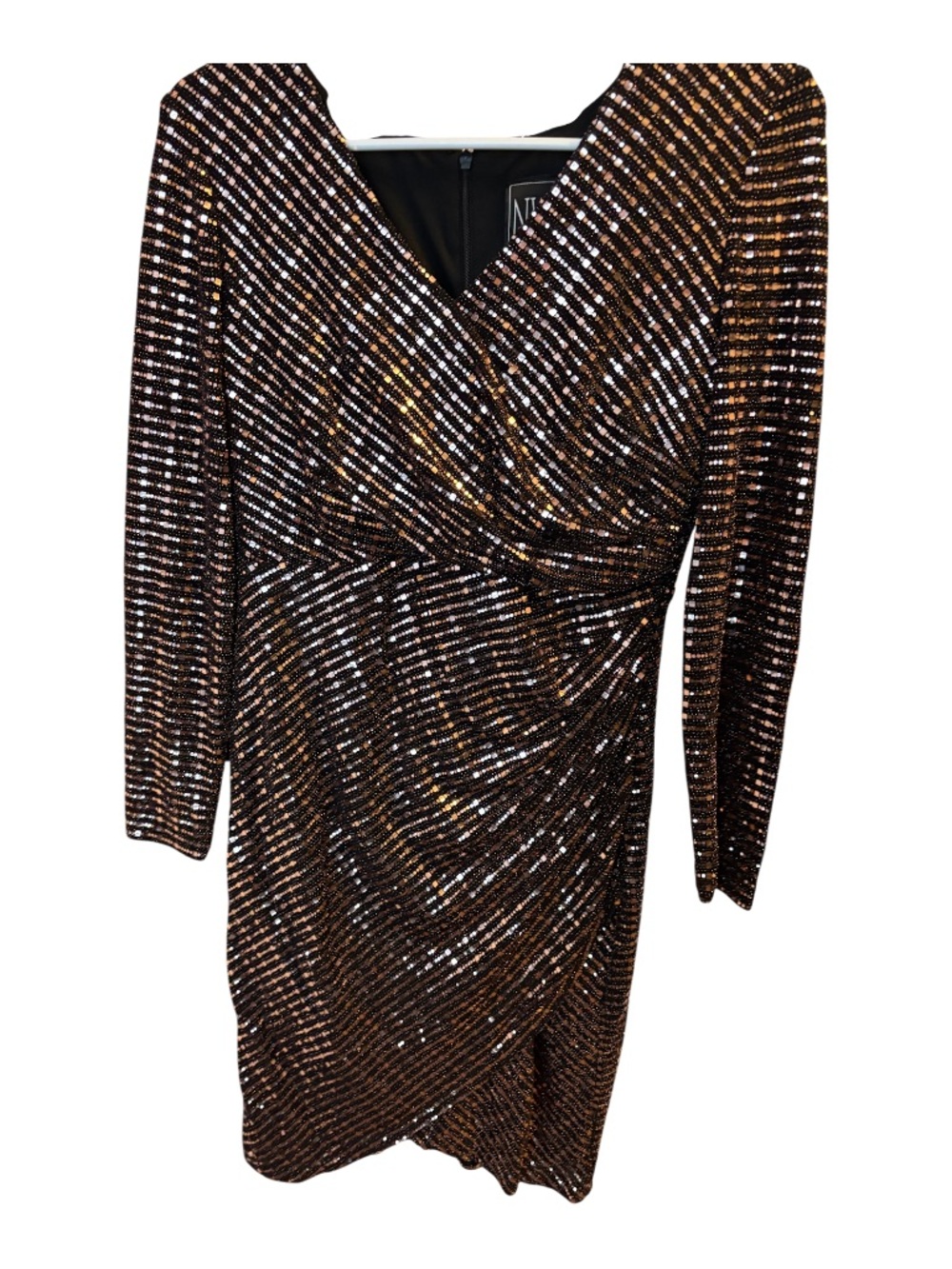 Night Way Collections Black & Gold Sequin Wrap-Style Long Sleeve Dress